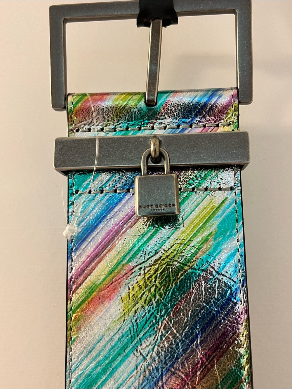Kurt Geiger Metallic Rainbow Leather Belt with Padlock